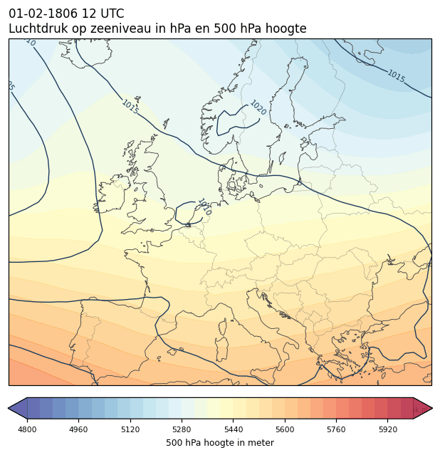 Weerkaart van 1 februari 1806 om 12 UTC