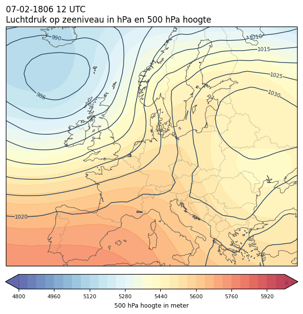 Weerkaart van 7 februari 1806 om 12 UTC