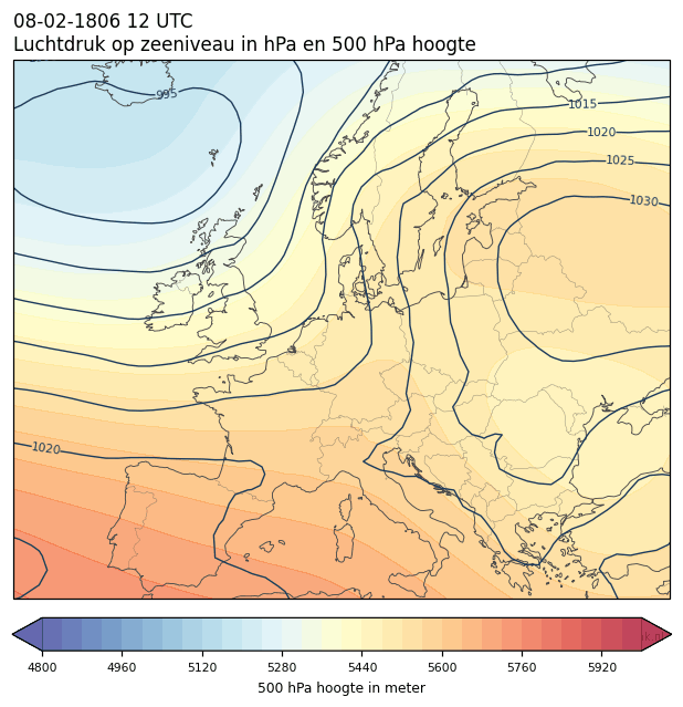 Weerkaart van 8 februari 1806 om 12 UTC