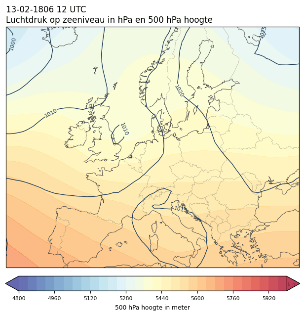 Weerkaart van 13 februari 1806 om 12 UTC