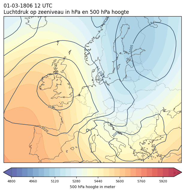 Weerkaart van 1 maart 1806 om 12 UTC