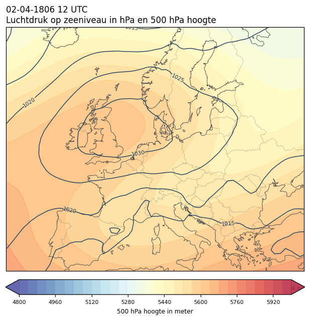 Weerkaart van 2 april 1806 om 12 UTC