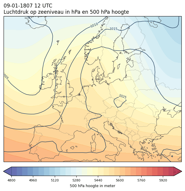 Weerkaart van 9 januari 1807 om 12 UTC