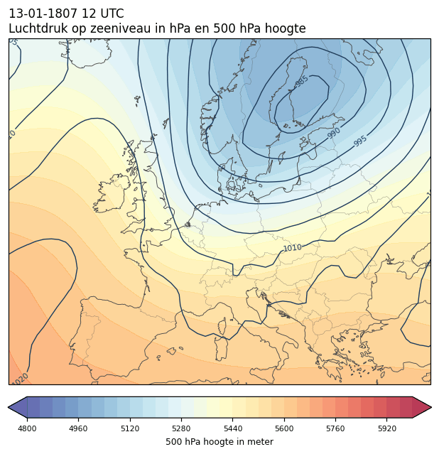 Weerkaart van 13 januari 1807 om 12 UTC