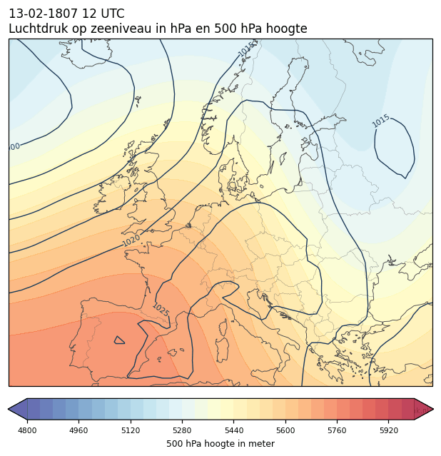 Weerkaart van 13 februari 1807 om 12 UTC