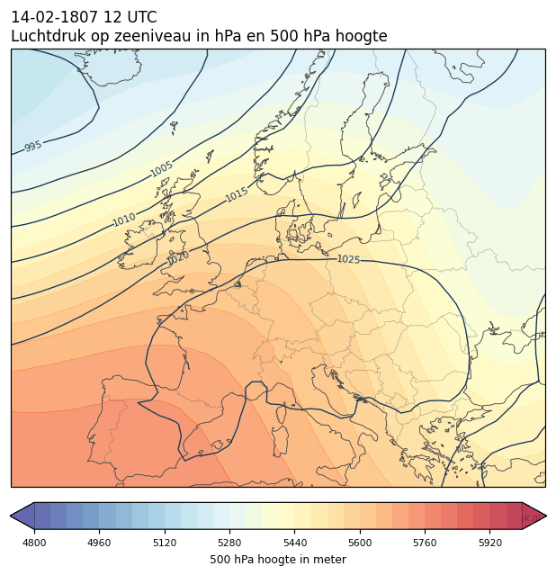 Weerkaart van 14 februari 1807 om 12 UTC