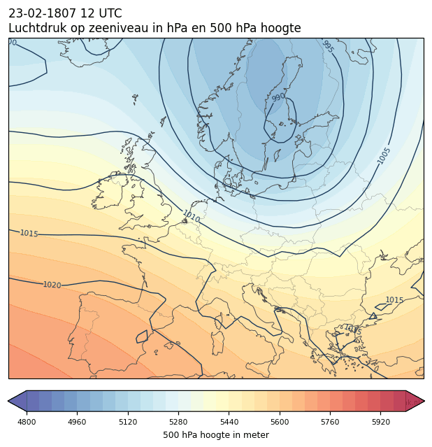 Weerkaart van 23 februari 1807 om 12 UTC