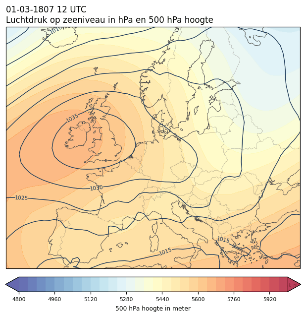 Weerkaart van 1 maart 1807 om 12 UTC