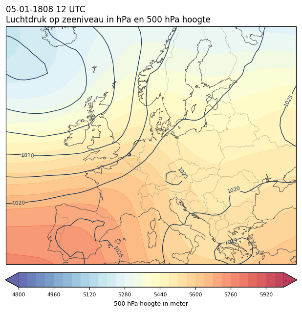 Weerkaart van 5 januari 1808 om 12 UTC