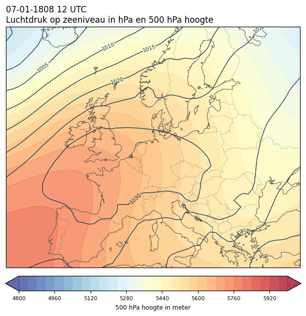Weerkaart van 7 januari 1808 om 12 UTC