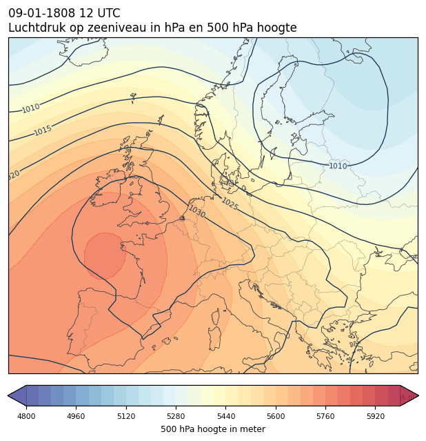 Weerkaart van 9 januari 1808 om 12 UTC