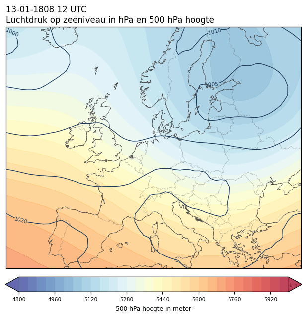 Weerkaart van 13 januari 1808 om 12 UTC