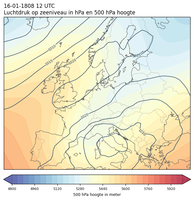 Weerkaart van 16 januari 1808 om 12 UTC