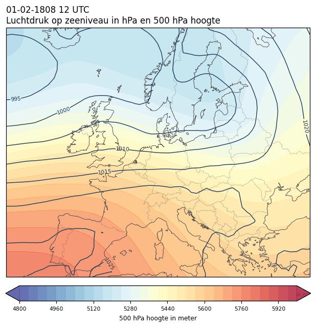 Weerkaart van 1 februari 1808 om 12 UTC