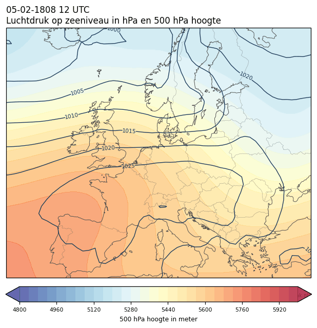 Weerkaart van 5 februari 1808 om 12 UTC