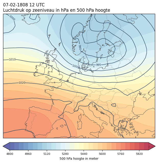 Weerkaart van 7 februari 1808 om 12 UTC