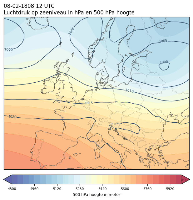 Weerkaart van 8 februari 1808 om 12 UTC