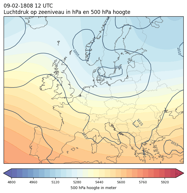 Weerkaart van 9 februari 1808 om 12 UTC