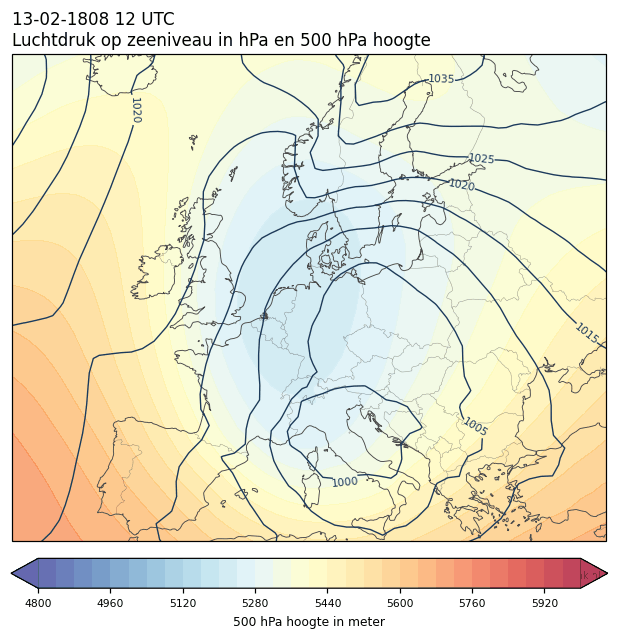 Weerkaart van 13 februari 1808 om 12 UTC