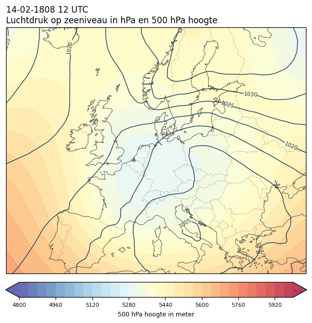 Weerkaart van 14 februari 1808 om 12 UTC
