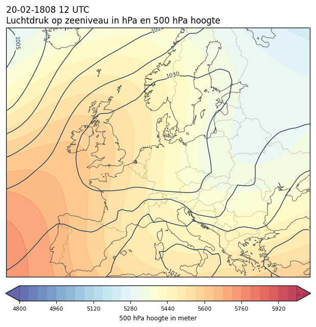 Weerkaart van 20 februari 1808 om 12 UTC