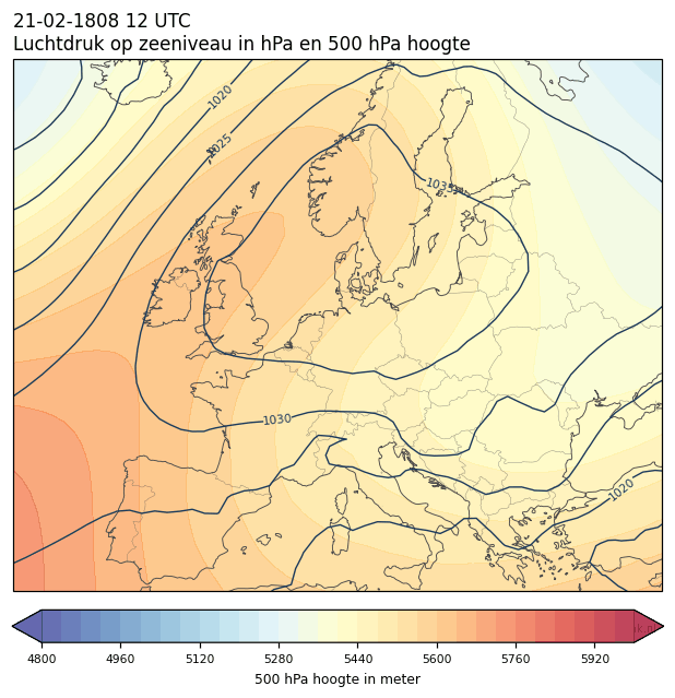Weerkaart van 21 februari 1808 om 12 UTC