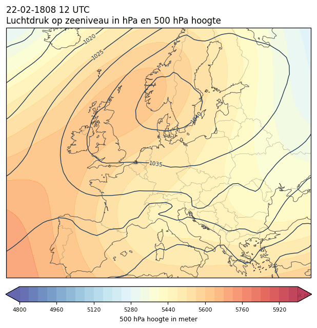 Weerkaart van 22 februari 1808 om 12 UTC