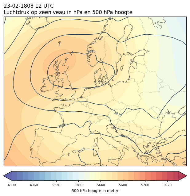 Weerkaart van 23 februari 1808 om 12 UTC