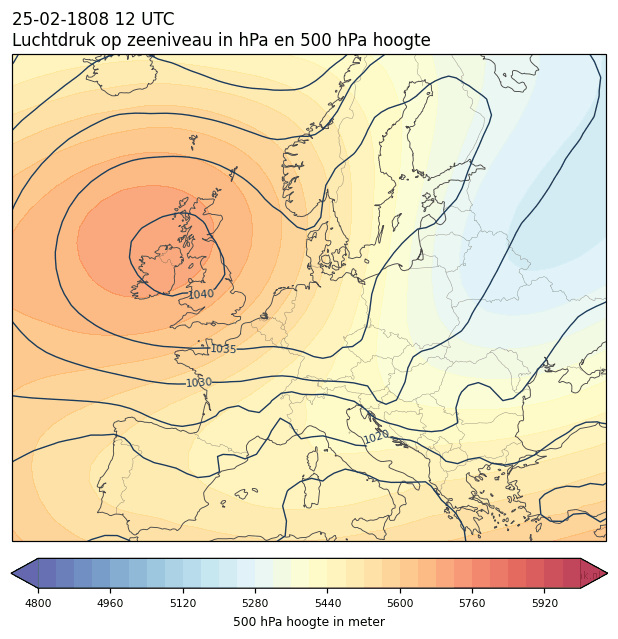 Weerkaart van 25 februari 1808 om 12 UTC