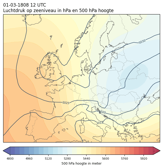 Weerkaart van 1 maart 1808 om 12 UTC