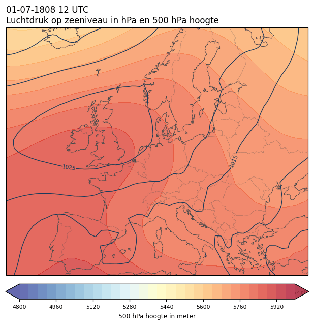 Weerkaart van 1 juli 1808 om 12 UTC