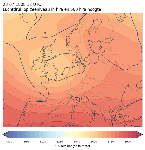 Weerkaart van 28 juli 1808 om 12 UTC