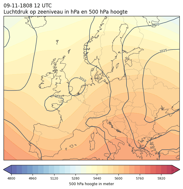 Weerkaart van 9 november 1808 om 12 UTC