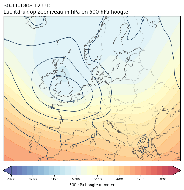 Weerkaart van 30 november 1808 om 12 UTC