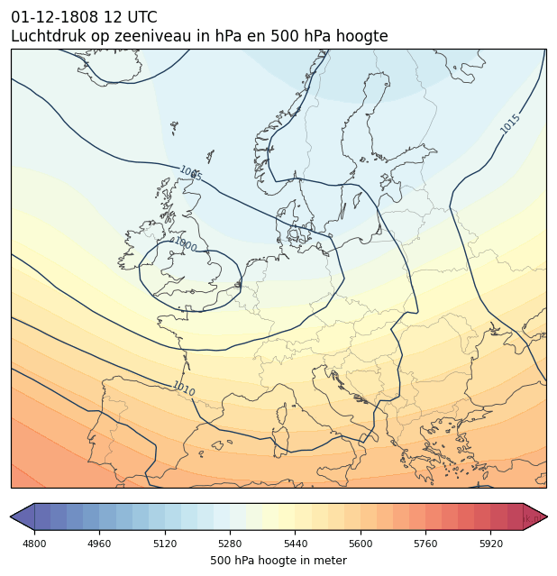 Weerkaart van 1 december 1808 om 12 UTC
