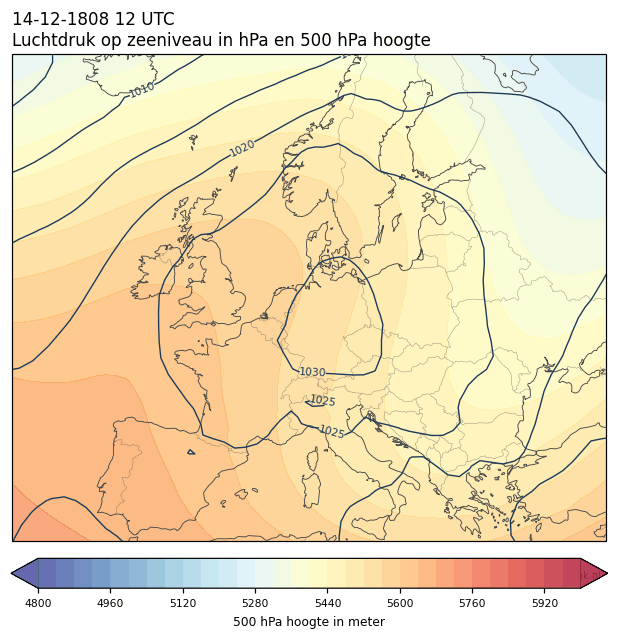 Weerkaart van 14 december 1808 om 12 UTC