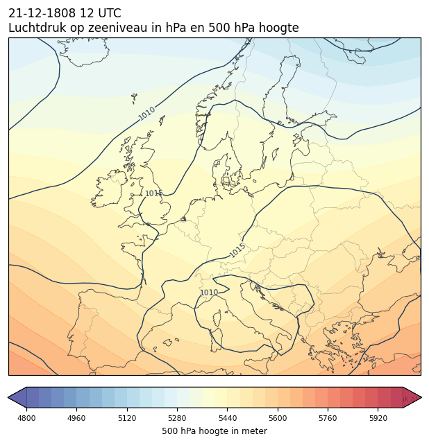 Weerkaart van 21 december 1808 om 12 UTC