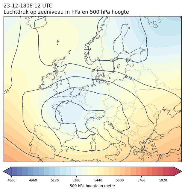 Weerkaart van 23 december 1808 om 12 UTC