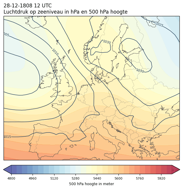 Weerkaart van 28 december 1808 om 12 UTC