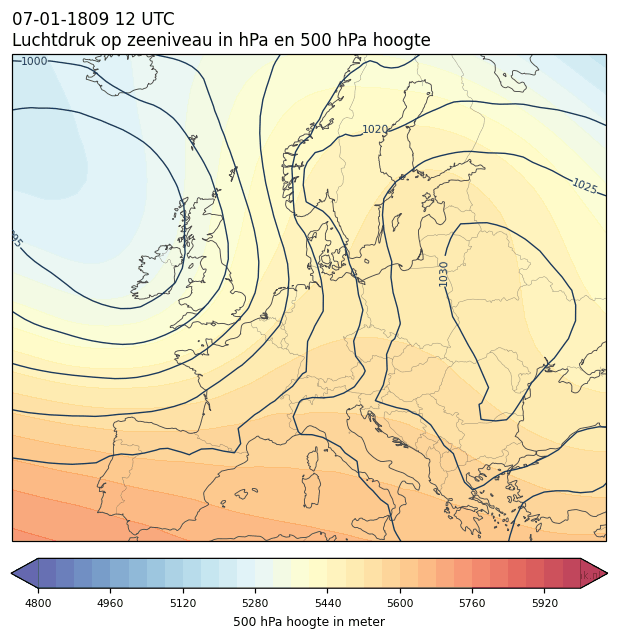 Weerkaart van 7 januari 1809 om 12 UTC