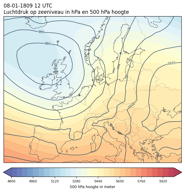 Weerkaart van 8 januari 1809 om 12 UTC