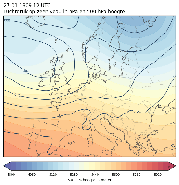 Weerkaart van 27 januari 1809 om 12 UTC