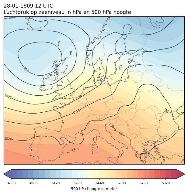 Weerkaart van 28 januari 1809 om 12 UTC