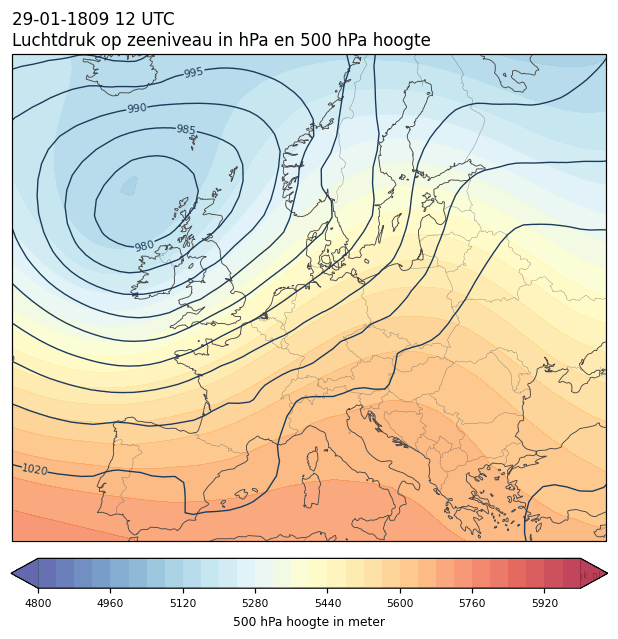 Weerkaart van 29 januari 1809 om 12 UTC