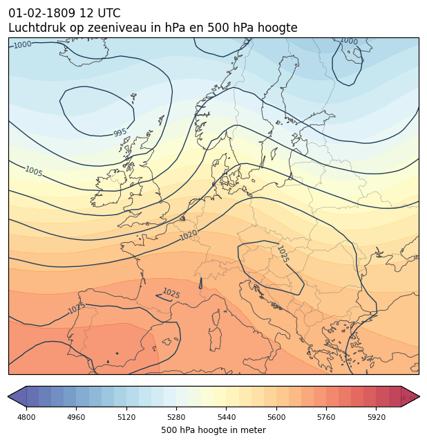 Weerkaart van 1 februari 1809 om 12 UTC