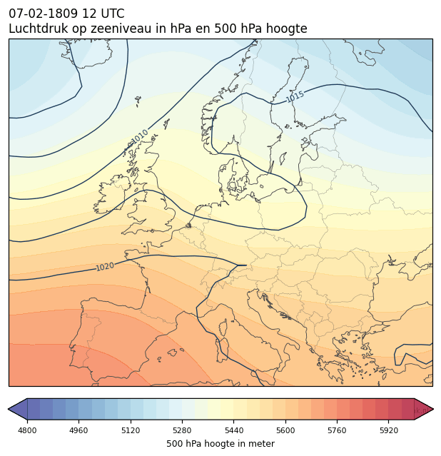 Weerkaart van 7 februari 1809 om 12 UTC
