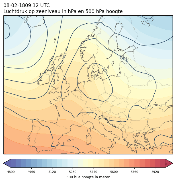 Weerkaart van 8 februari 1809 om 12 UTC