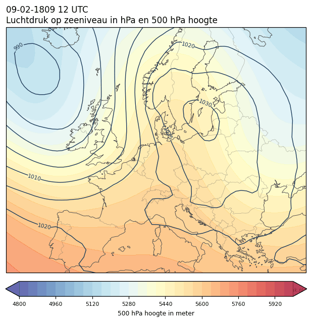 Weerkaart van 9 februari 1809 om 12 UTC