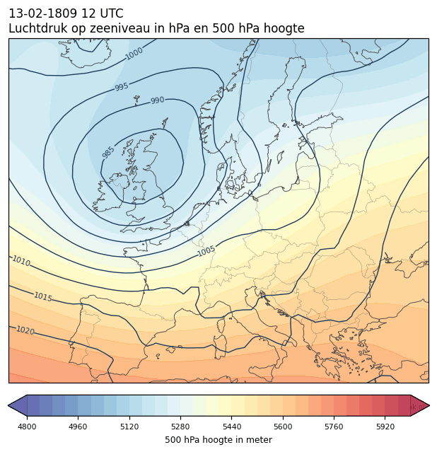Weerkaart van 13 februari 1809 om 12 UTC