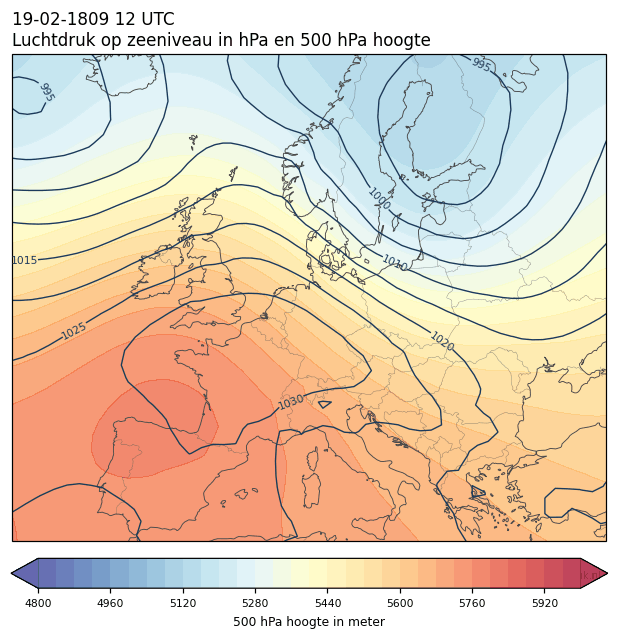 Weerkaart van 19 februari 1809 om 12 UTC